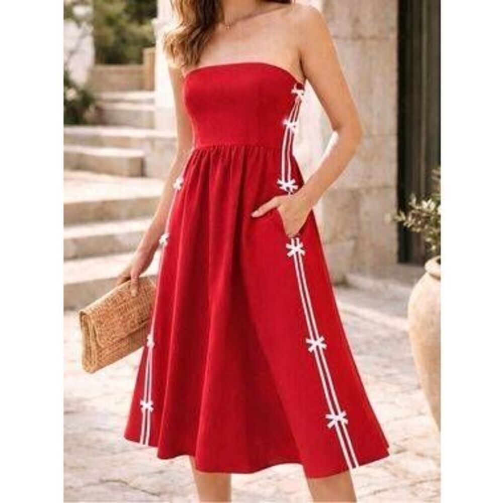 Daily Practice Red Bow Detail Strapless Tube Mid Sundress XS Coquette Summer